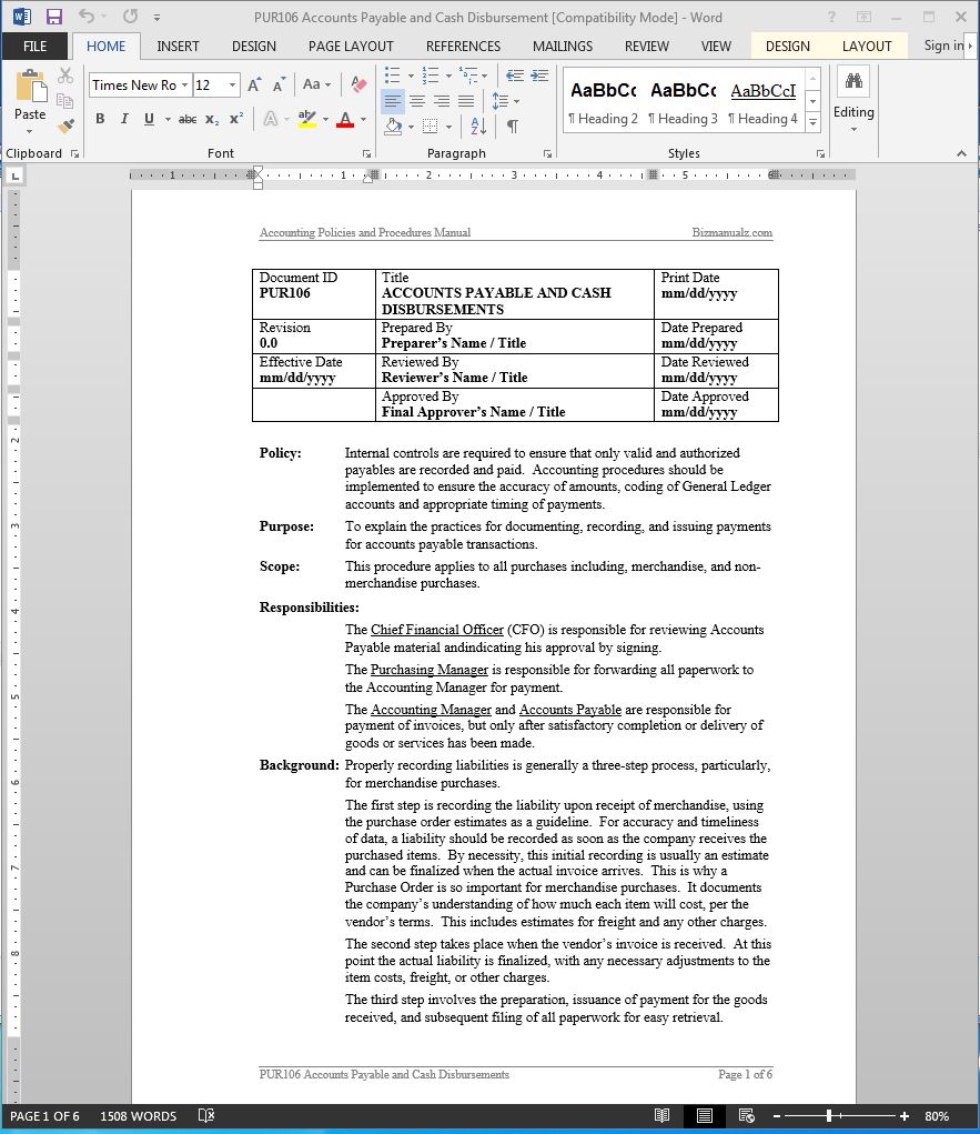 accounting policies and procedures template
